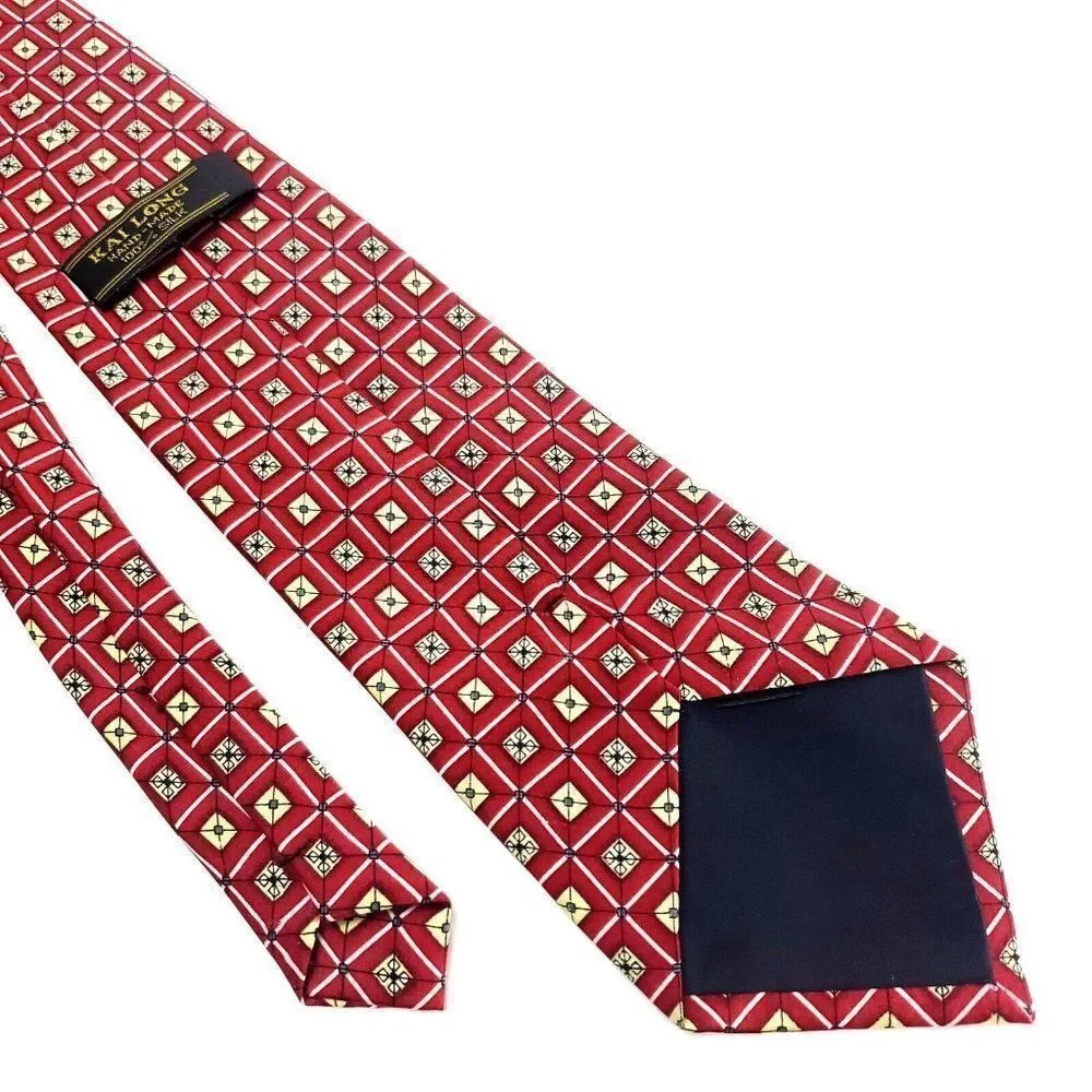 Kai Long Handmade Silk Tie‎ Print Red Geometric